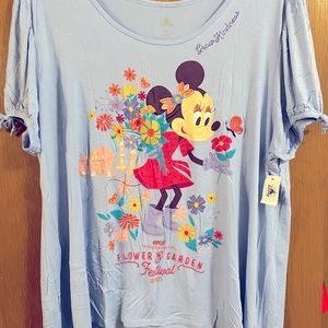 NWT Disney 2X Light Blue Short Puffed Sleeve Blouse, Embroidered Minnie Mouse